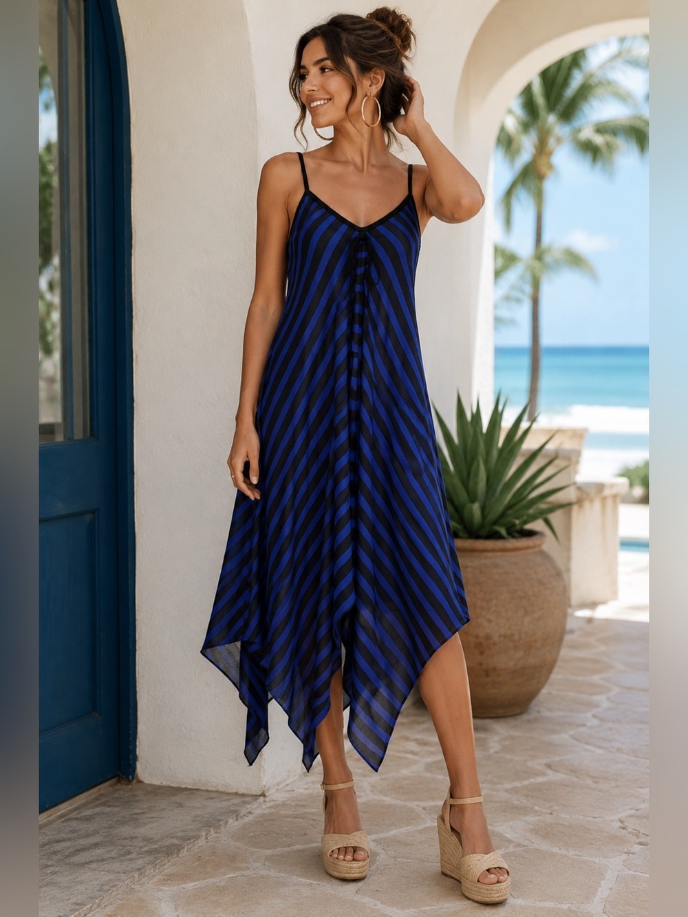 BEDO Femme Blue & Black Striped Handkerchief Hem‎ Dress Medium/ vacation dreamy